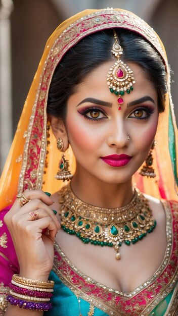 Retrato de esplendor vibrante de una novia india en un colorido Lehenga que irradia alegría y elegancia nupcial generativa ai