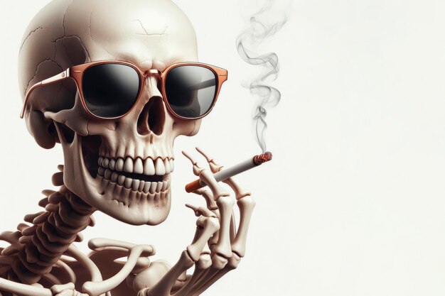 Retrato de un esqueleto fumando sobre un fondo blanco