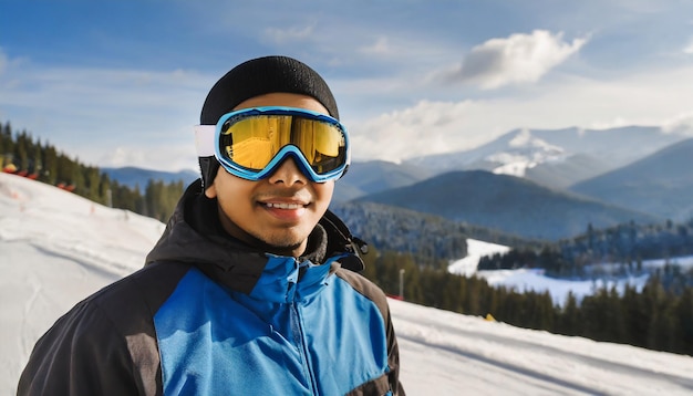Foto retrato de un esquiador en la estación de esquí sobre el fondo de montañas y cielo azul bukovel gafas de esquí