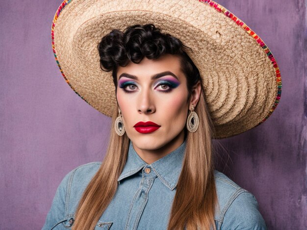 Retrato estético joven vaquero queer drag queen com sombrero vaquero