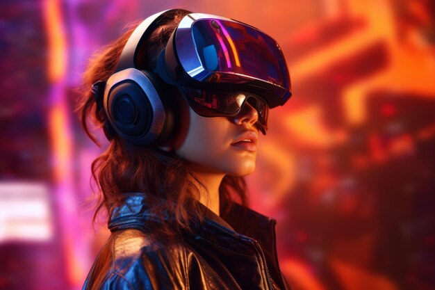 Retrato estilizado de uma mulher usando um fone de ouvido VR