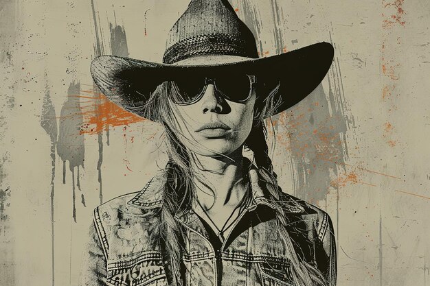 Foto retrato estilizado de una mujer con sombrero de vaquero con fondo grunge