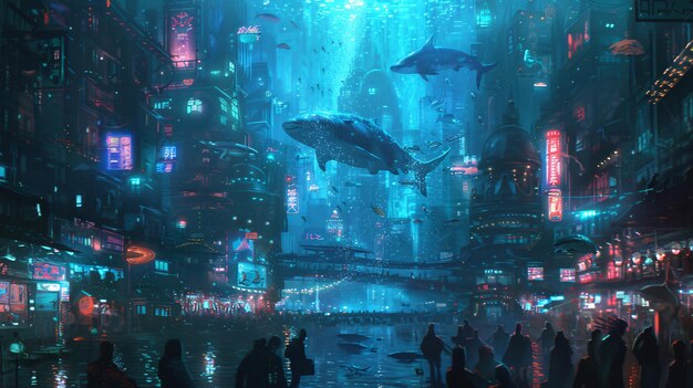 Un retrato de estilo cyberpunk de un paisaje urbano submarino