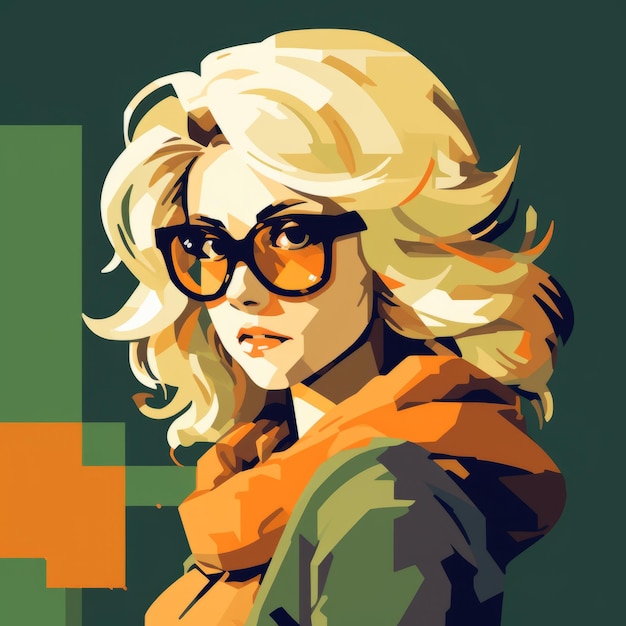 Retrato de estilo gráfico audaz de una mujer muy rubia con gafas