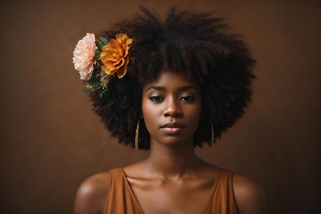 Un retrato de estilo mujer afro con flor en la cabeza.