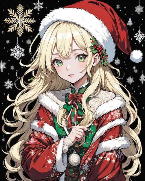 Retrato de estilo navideño de chica anime estilo vainilla de fondo negro