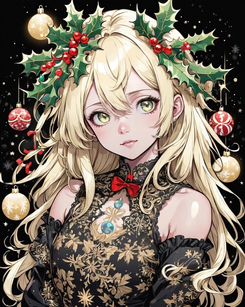 Retrato de estilo navideño de chica anime estilo vainilla de fondo negro