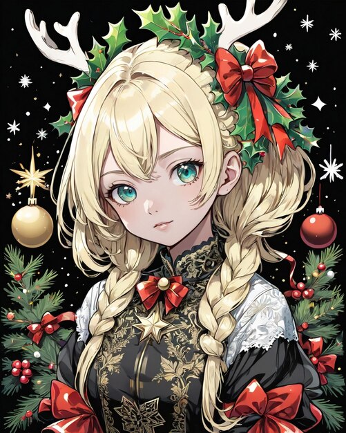 Retrato de estilo navideño de chica anime estilo vainilla de fondo negro