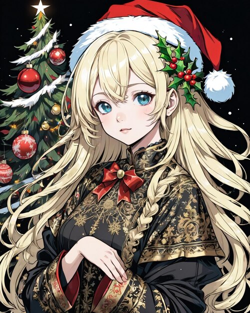 Retrato de estilo navideño de chica anime estilo vainilla de fondo negro