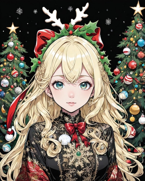 Retrato de estilo navideño de chica anime estilo vainilla de fondo negro