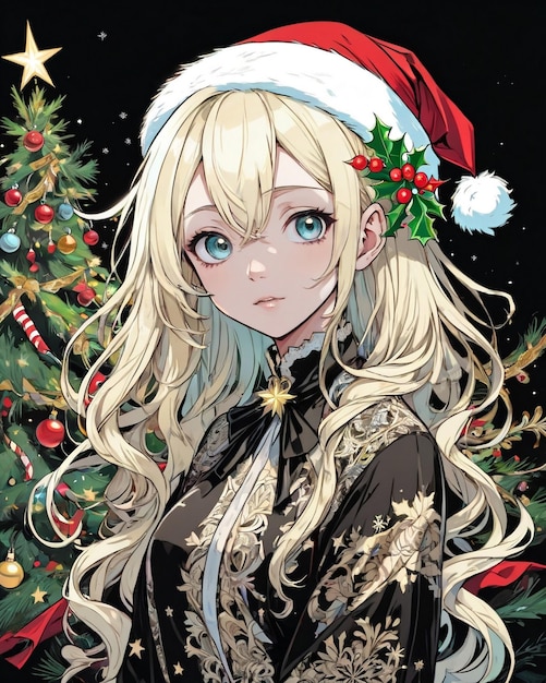 Retrato de estilo navideño de chica anime estilo vainilla de fondo negro