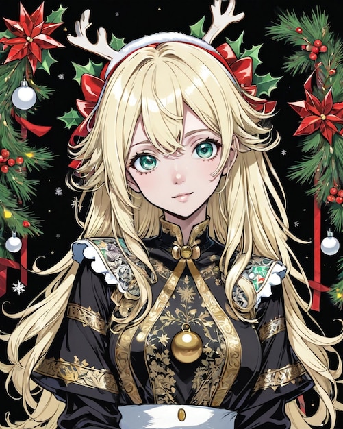 Retrato de estilo navideño de chica anime estilo vainilla de fondo negro