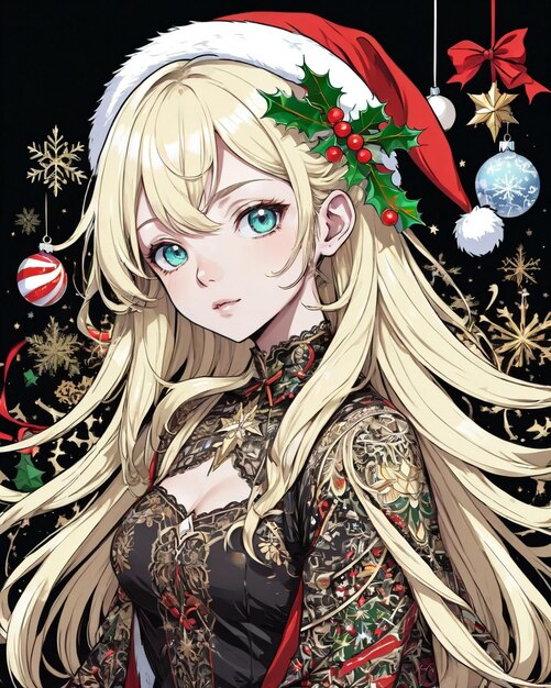 Retrato de estilo navideño de chica anime estilo vainilla de fondo negro