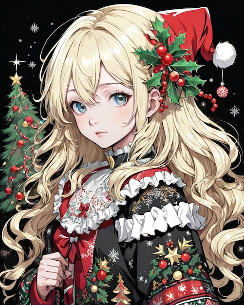 Retrato de estilo navideño de chica anime estilo vainilla de fondo negro