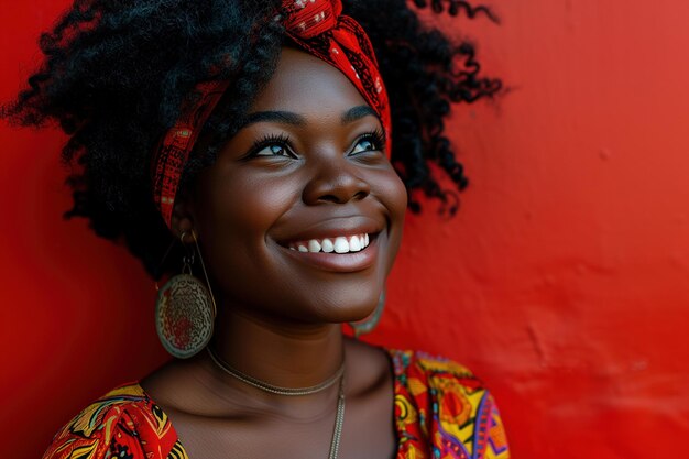 Retrato de estilo de vida de una hermosa mujer afroamericana riendo en un vestido de pie contra una pared roja y mirando hacia otro lado