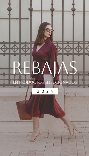Foto retrato estiloso de mulher com texto de vendas em espanhol para liquidação de roupas