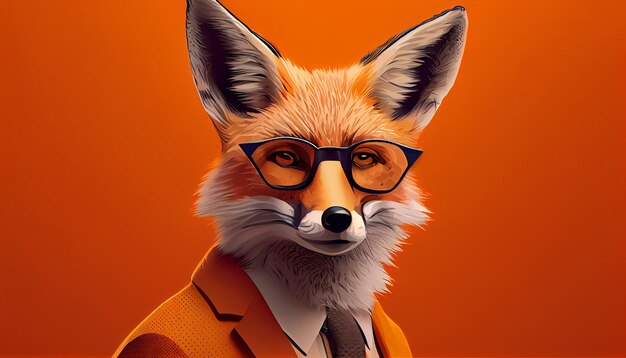 Retrato estiloso de uma imponente raposa antropomórfica vestida usando óculos