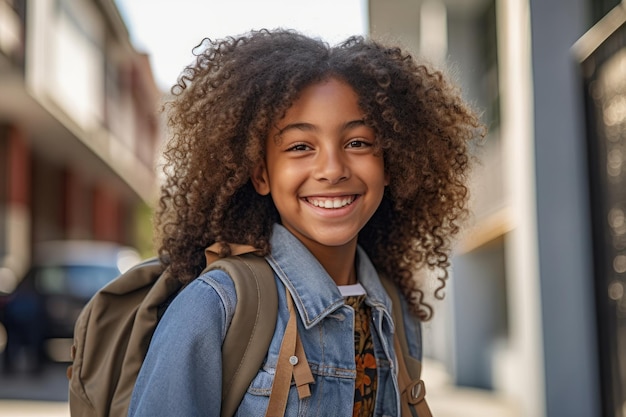 Retrato de un estudiante afroamericano listo para el primer día de clases con una mochila y posando con una gran sonrisa IA generativa