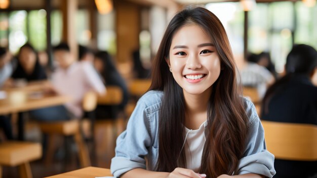 Retrato de un estudiante asiático sonriente en una cafetería