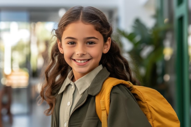 Retrato de una estudiante caucásica lista para el primer día de clases con una mochila y posando con una gran sonrisa IA generativa