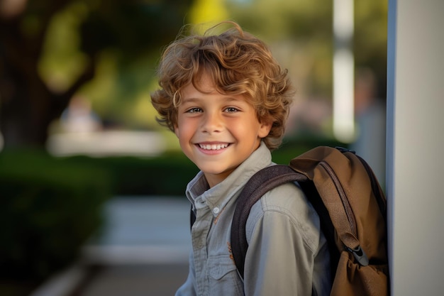 Retrato de un estudiante caucásico listo para el primer día de clases con una mochila y posando con una gran sonrisa IA generativa