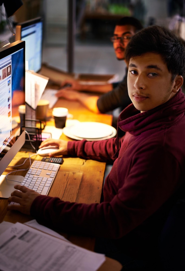 Foto retrato de estudiante y escritorio con computadora por la noche para estudiar con calculadora para prueba de matemáticas o examen de contabilidad persona masculina seria y portátil con papeleo para evaluación o asignación trabajo en línea