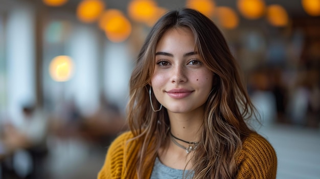 Retrato de una estudiante feliz y sonriente en el aula de tecnología con computadora portátil en segundo plano