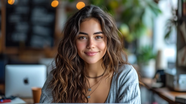 retrato de una estudiante feliz y sonriente en una clase de tecnología con una computadora portátil en el fondo