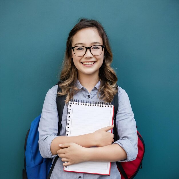 Foto retrato de una estudiante con una gran plantilla de bloc de notas