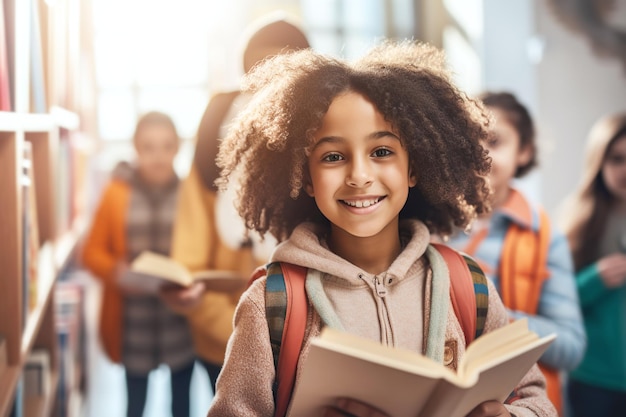 Retrato de un estudiante multi-racial feliz con un libro y una mochila en el pasillo de la escuela