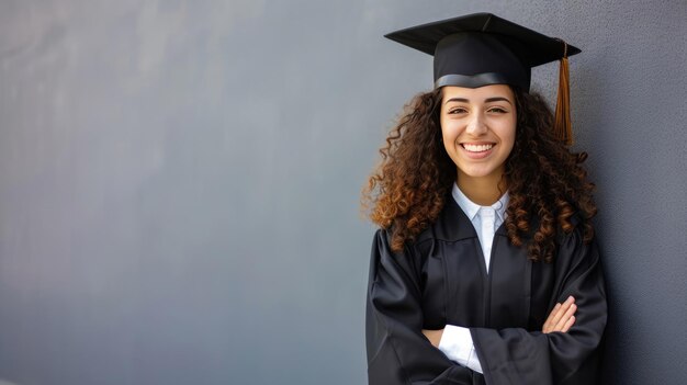 Retrato de una estudiante con un vestido de graduación con un fondo sencillo