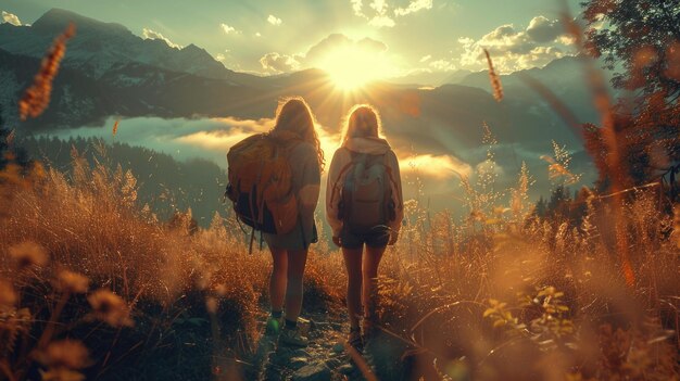 Foto retrato de estudiantes aventureros alegres en vacaciones en la naturaleza capturando la alegría y la camaradería en medio de acampar, hacer senderismo y paisajes impresionantes.