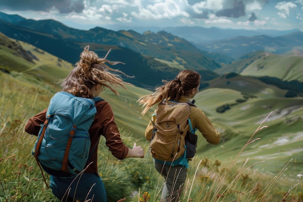 Retrato de estudiantes aventureros alegres en vacaciones en la naturaleza capturando la alegría y la camaradería en medio de acampar, hacer senderismo y paisajes impresionantes.