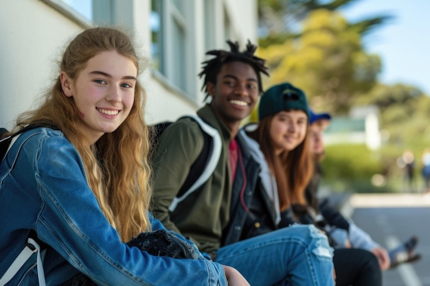Retrato de estudiantes multiculturales de secundaria o secundaria sentados en la pared al aire libre en la escuela