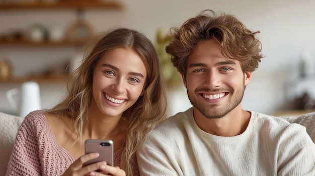 Foto un retrato de estudio aislado de una joven pareja sonriente que se divierten hablando juntos con ropa casual y usando un teléfono móvil sin distracciones aislados en un beige claro pastel.