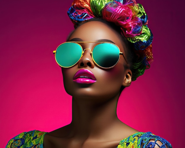 Retrato de estudio de alta costura de una joven afroamericana con gafas de sol