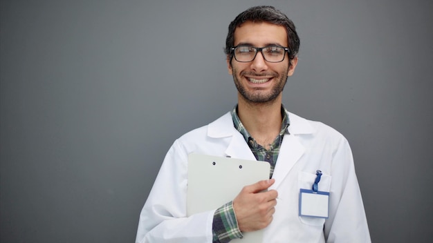 Retrato de estudio de un apuesto médico maduro con registros médicos