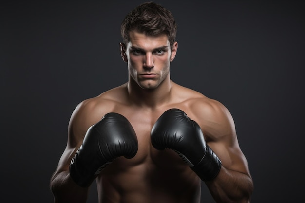 Foto retrato de estudio de un boxeador atlético brutal sin camisa con guantes de boxeo negros sobre un fondo gris