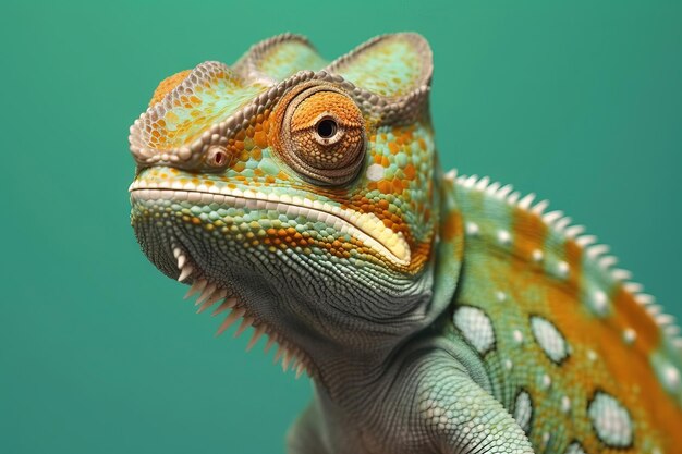 Retrato de estudio de un camaleón sobre un fondo verde sin costuras