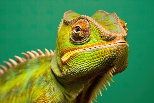 Retrato de estudio de un camaleón sobre un fondo verde