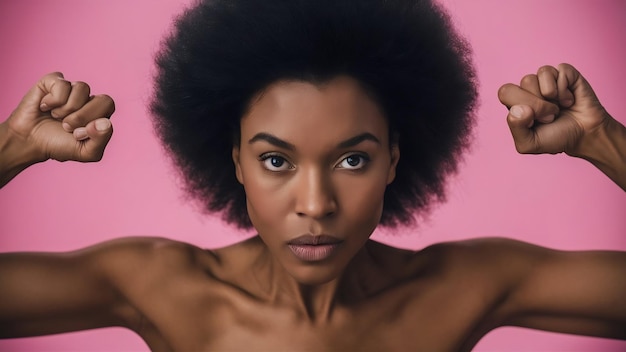 Retrato de estudio de cerca de una hermosa mujer negra con cabellos afro haciendo ejercicios en el estudio en rosa