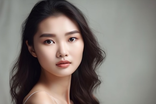 Retrato de estudio de una chica asiática con cabello largo y negro de fondo gris