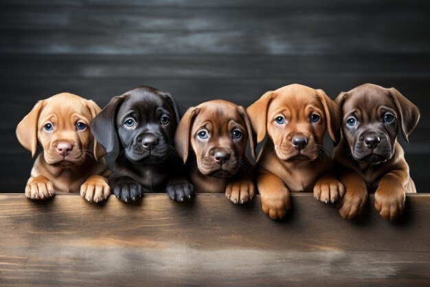 Foto retrato de estudio cinco cachorros de dachshund con patas en un fondo oscuro de madera