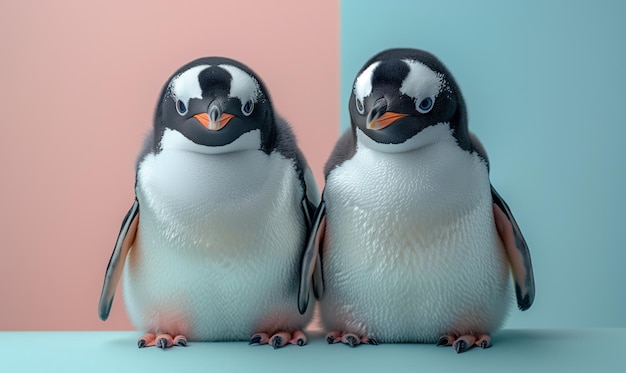 Retrato de estudio de dos pingüinos divertidos en un fondo azul y rosa con espacio para copiar