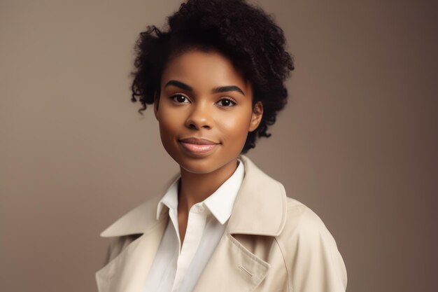 Retrato de estudio de feliz exitosa mujer de negocios negra confiada hermosa joven en chaqueta blanca sonriendo a la cámara de pie aislada en un fondo de espacio de copia de color beige sólido en blanco