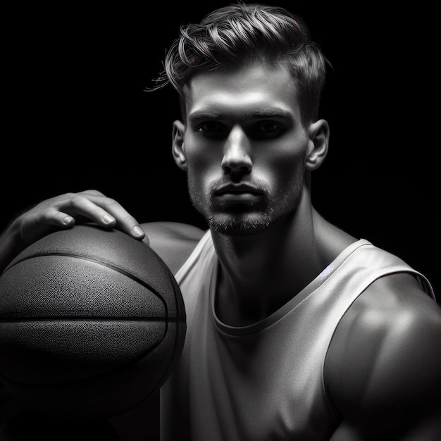 Retrato de estudio fotorrealista en blanco y negro de un jugador de baloncesto sobre fondo negro ai