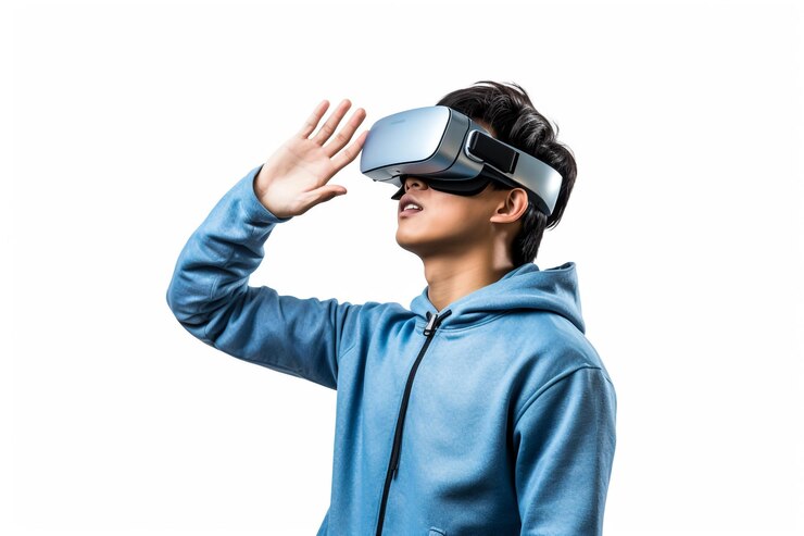 Retrato de estudio hombre con auricular de realidad virtual aislado en fondo gris gafas de realidad virtual Tecnología