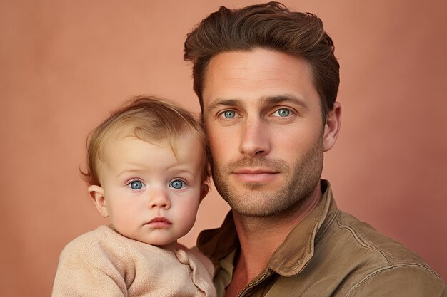 Retrato de estudio de un hombre guapo sosteniendo a un bebé en sus manos sobre un fondo de diferentes colores