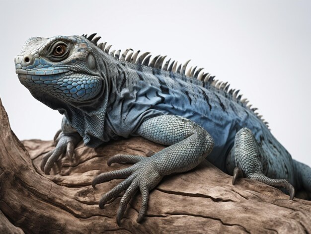 Retrato de estudio de una iguana azul en la rama de un árbol aislado sobre fondo blanco ai generativo