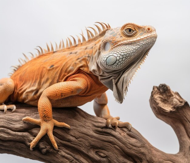 Retrato de estudio de una iguana naranja en la rama de un árbol aislado sobre fondo blanco ai generativo